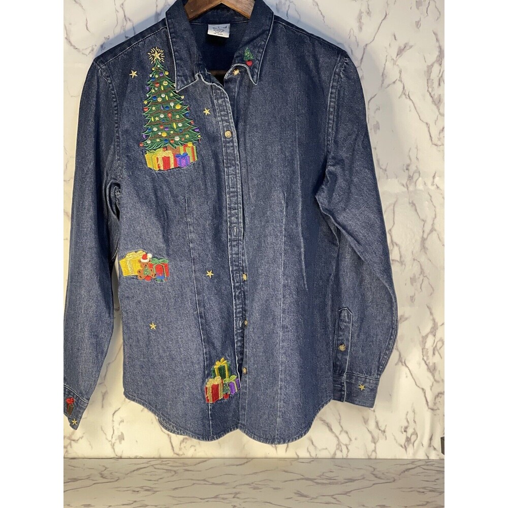 Westbound Jacket Women M Medium Blue Christmas Tree Embroidered Denim Collared M